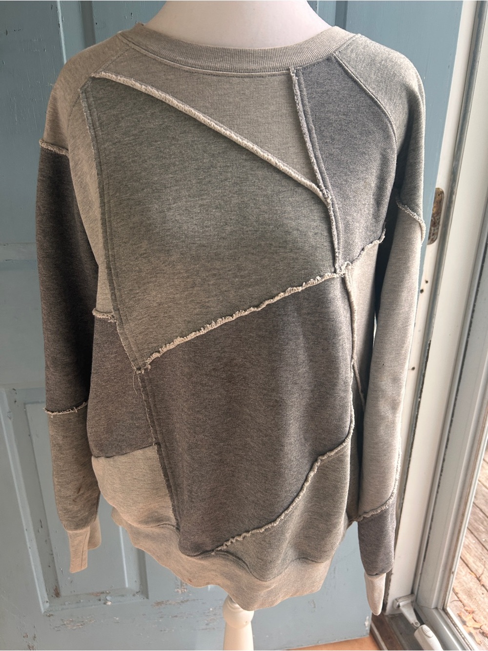Ladies Patchwork Crewneck Sweater - Gray